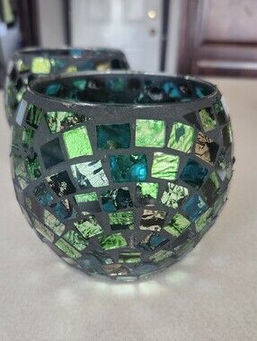Pier 1 Imports Glass Candle Holders, Mirror Mosaic, Blue & Green, 4"